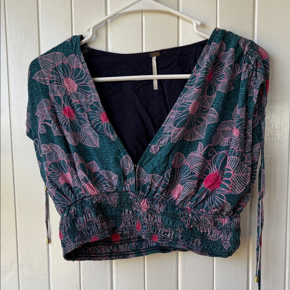 Free People Teal and Pink Floral Blouse